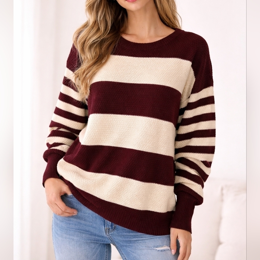 ZENANA Maroon and Cream Striped Colorblock Loose Knit Sweater